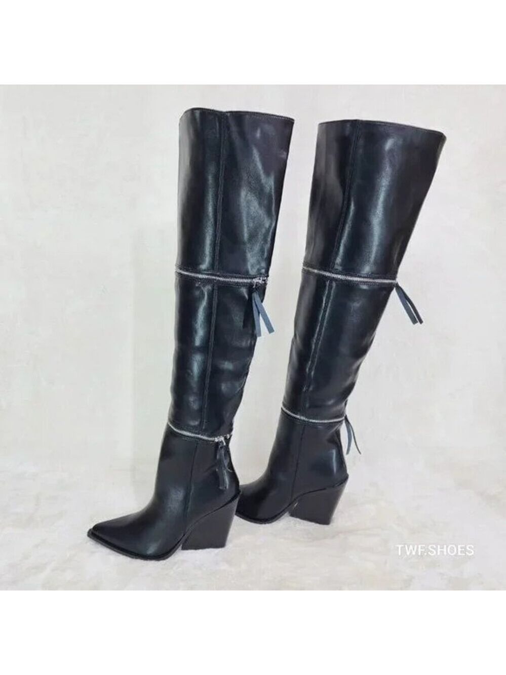 NIB Alexa Western Wedge All in One Zipper Shaft Ankle Knee & Thigh Boots Black - Picture 2 of 15